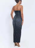 Sexy Rhinestone Strapless Butt-covering Elastic Back Slit Dress