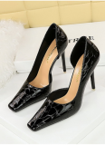 Patent Leather Stone Pattern Shallow Toe Side Hollow Square Toe High Heels