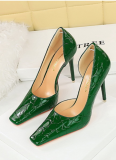 Patent Leather Stone Pattern Shallow Toe Side Hollow Square Toe High Heels