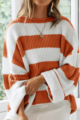 Autumn And Winter Round Neck Long Sleeve Striped Sweater Women'S Trumpet Sleeve Loose Sweater