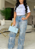 Hot Trendy Straight-leg Jeans With Sequined Fringe Design