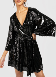 Solid Color V-neck Tie Loose Sequin Dress