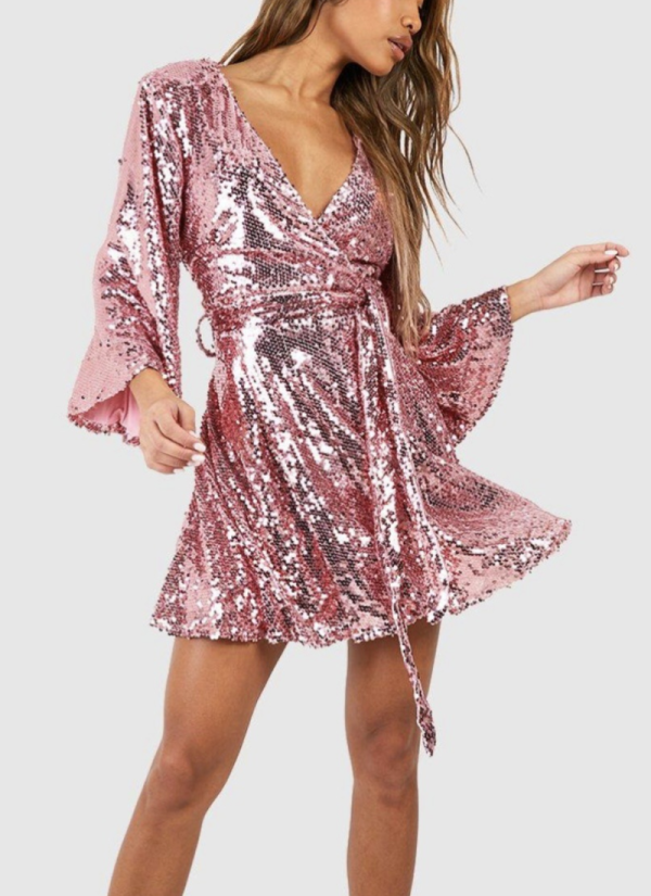 Solid Color V-neck Tie Loose Sequin Dress