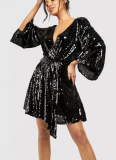 Solid Color V-neck Tie Loose Sequin Dress