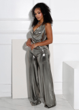 Stylish Sequin Halterneck Sleeveless Pleated Jumpsuit