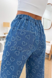 Spring New Style Love Hook Flower Jeans Women'S Casual Washed Straight Trousers