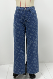 Spring New Style Love Hook Flower Jeans Women'S Casual Washed Straight Trousers