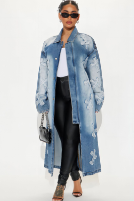 Stylish Cross Embroidered Long Trench Coat Denim Jacket