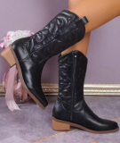 Solid Color Mid-calf Pointed Toe Martin Block Heel Boots