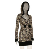 Leopard Print Irregular V-neck Hooded Drawstring Dress