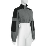 Woven Patchwork Contrasting Zipper Drawstring Workwear Short Jacket