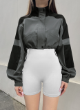 Woven Patchwork Contrasting Zipper Drawstring Workwear Short Jacket