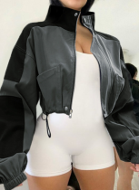 Woven Patchwork Contrasting Zipper Drawstring Workwear Short Jacket