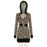 Leopard Print Irregular V-neck Hooded Drawstring Dress