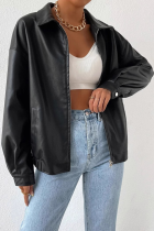 Fashion Casual Solid Color Leather Long Sleeve Zipper Lapel Pockets Women Jacket Coat