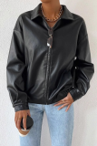 Fashion Casual Solid Color Leather Long Sleeve Zipper Lapel Pockets Women Jacket Coat
