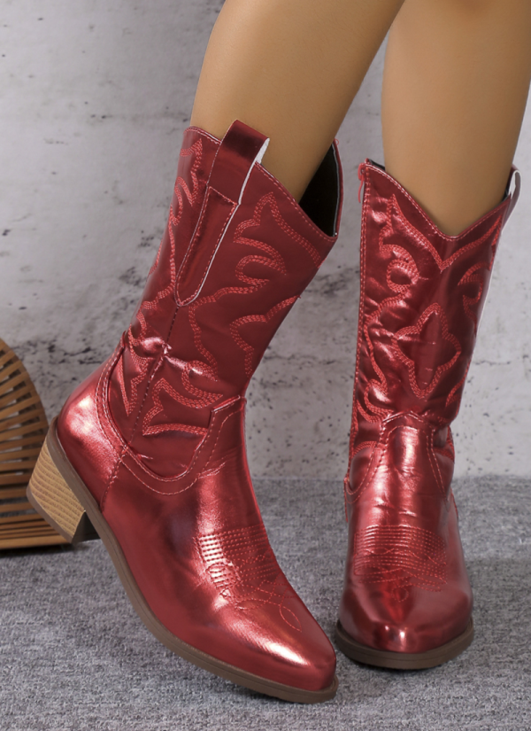 Solid Color Mid-calf Pointed Toe Martin Block Heel Boots