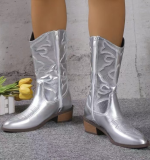 Solid Color Mid-calf Pointed Toe Martin Block Heel Boots