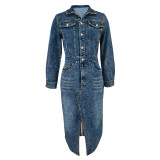 New Style Lapel Button Long Sleeve Slit Denim Dress