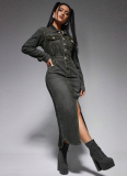 New Style Lapel Button Long Sleeve Slit Denim Dress