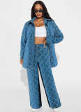 Fashionable Fringed Plaid Cardigan Off-shoulder Long-sleeved Denim Suit