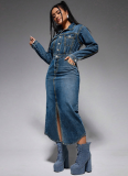 New Style Lapel Button Long Sleeve Slit Denim Dress