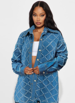 Fashionable Fringed Plaid Cardigan Off-shoulder Long-sleeved Denim Suit