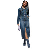New Style Lapel Button Long Sleeve Slit Denim Dress