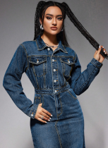 New Style Lapel Button Long Sleeve Slit Denim Dress