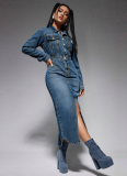 New Style Lapel Button Long Sleeve Slit Denim Dress