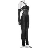 Woolen Sleeves Halterneck Lace-up Cutout Heap Jumpsuit