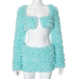 Mint Green Fur Coat Chest-wrapped Long-sleeved Skirt Suit