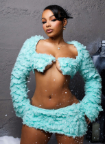 Mint Green Fur Coat Chest-wrapped Long-sleeved Skirt Suit
