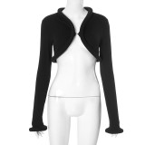 Solid Color V-neck Navel-baring Cardigan Hook-button Long-sleeved Top