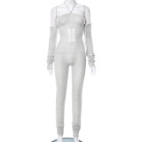 Woolen Sleeves Halterneck Lace-up Cutout Heap Jumpsuit