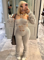 Woolen Sleeves Halterneck Lace-up Cutout Heap Jumpsuit