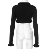 Solid Color V-neck Navel-baring Cardigan Hook-button Long-sleeved Top