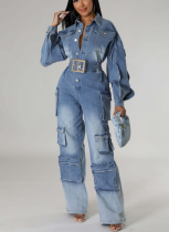 Workwear Multi-pocket Washed Distressed Denim Wide-leg Jumpsuit