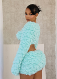 Mint Green Fur Coat Chest-wrapped Long-sleeved Skirt Suit