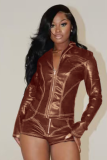 Long-Sleeved PU Shorts Casual Stretch Two-Piece Suit
