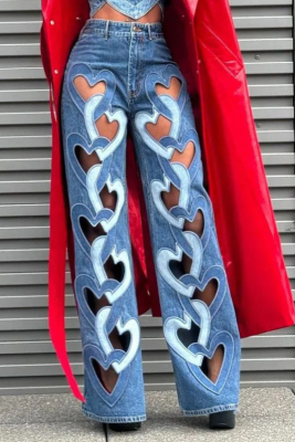 Elastic Personalized Jeans New Hollow Embroidered Love Straight Trousers
