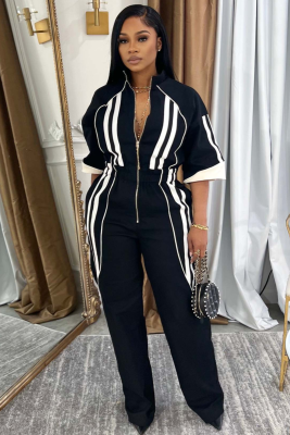 Stand Collar, 3/4 Sleeves, Dropped Shoulders, Waisted Long Zip-Up Trousers