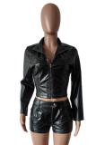 Long-Sleeved PU Shorts Casual Stretch Two-Piece Suit