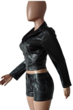 Long-Sleeved PU Shorts Casual Stretch Two-Piece Suit