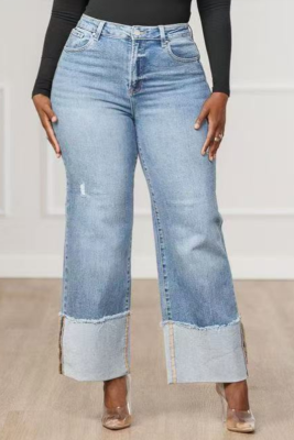 New Autumn And Winter Women'S Solid Color Fold-Out Long Jeans