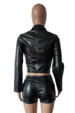 Long-Sleeved PU Shorts Casual Stretch Two-Piece Suit