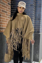 Autumn And Winter Tassel Solid Color Long Sleeve Loose Suede Velvet Zipper High Collar Pullover Jacket