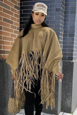 Autumn And Winter Tassel Solid Color Long Sleeve Loose Suede Velvet Zipper High Collar Pullover Jacket