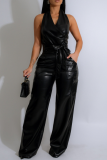 PU Leather Suit Sleeveless Halter Neck Sexy Leather Pants Two Piece Set