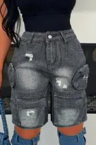 Black Washed Pocket Ripped Denim Shorts